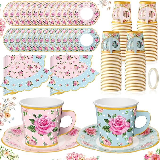 Umigy 60 Sets Tea Party Decorations 6.5 oz Floral Paper Tea Cups with Plates Paper Napkins Disposable Blossom Teacups and Saucers Sets for Girls Kid Birthday Garden Wedding Party Supplies(Elegant)
