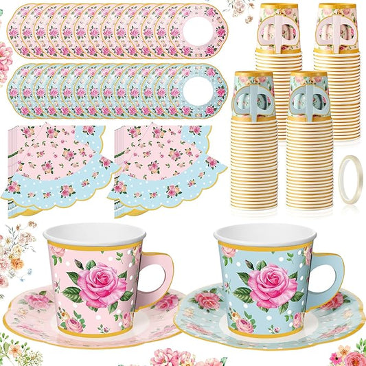 Umigy 60 Sets Tea Party Decorations 6.5 oz Floral Paper Tea Cups with Plates Paper Napkins Disposable Blossom Teacups and Saucers Sets for Girls Kid Birthday Garden Wedding Party Supplies(Elegant)