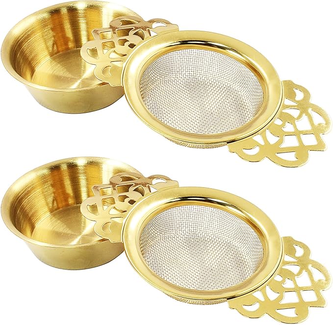 2 Pack Tea Strainers with Drip Bowls, Stainless Steel Tea Strainer Bowl Loose Leaf Tea Filter for 2.5-4 Inch Cup Mouth (Gold)