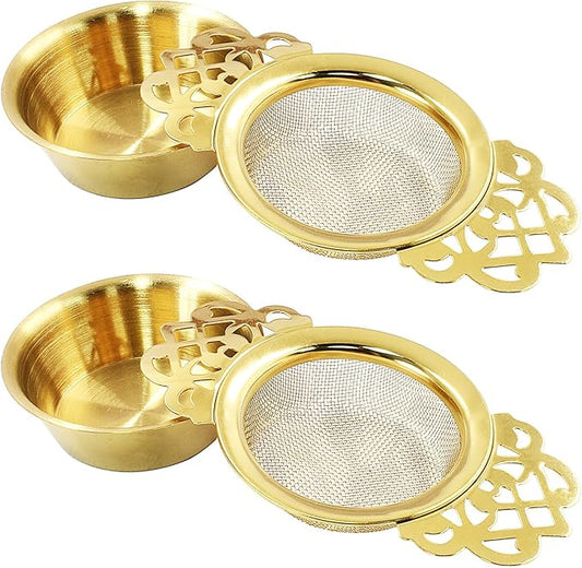2 Pack Tea Strainers with Drip Bowls, Stainless Steel Tea Strainer Bowl Loose Leaf Tea Filter for 2.5-4 Inch Cup Mouth (Gold)