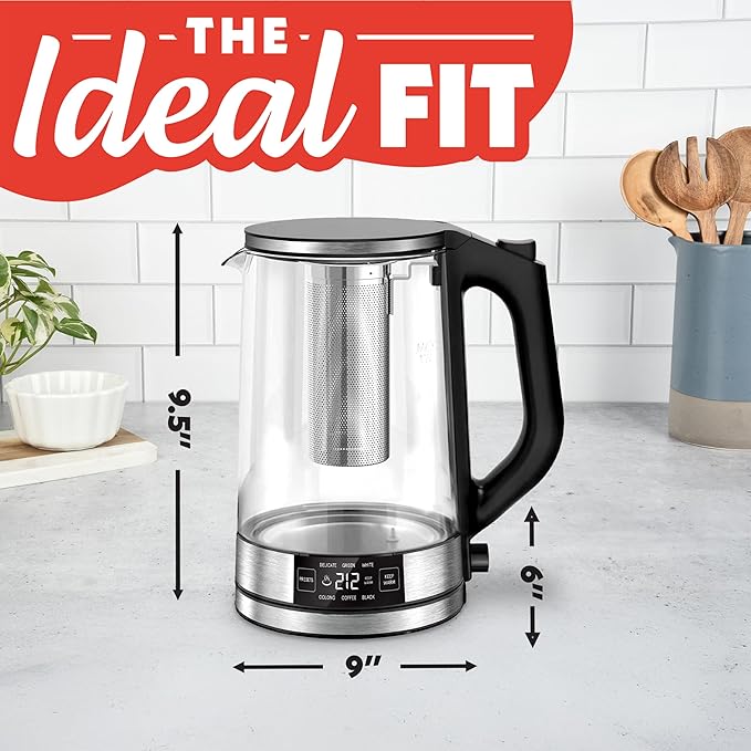 Gourmia Programmable Digital Glass Kettle – 1.7L Adjustable Temperature Electric Kettle with 6 Presets, Keep Warm, Stainless Steel Tea Infuser, 360° Swivel Base, Black