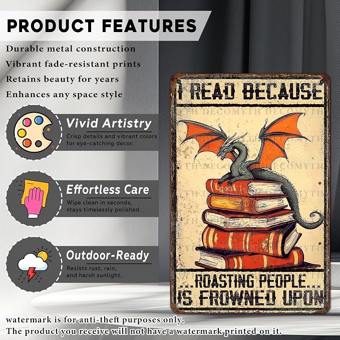 Vintage Dragon Tin Sign I Read Because Roasting People Is Frowned Upon Sign for Home Cafe Bedroom Library Bookshelf Wall Decor 12 * 8inch - Image 2