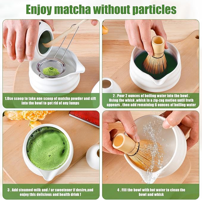 Matcha Whisk Set, 5 Pcs Matcha Set Whisk and Bowl with Spout, Matcha Whisk Holder, Matcha Spoon, Stainless Sifter, Perfect Matcha Kit for Matcha Lover (White)
