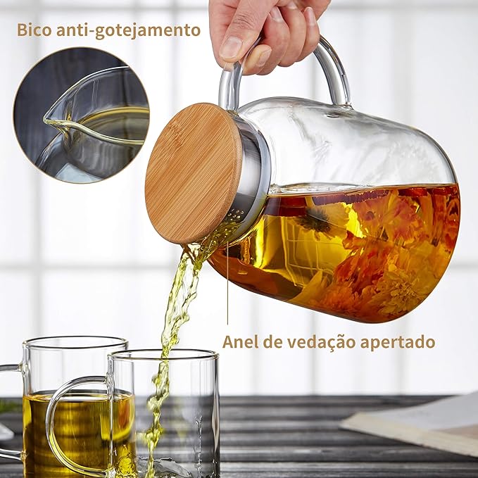 Large Glass Teapot with Infuser, Stovetop Safe, Thickened Heat Resistant Borosilicate Glass, 68 fl oz Glass Tea Kettle with Stainless Lid