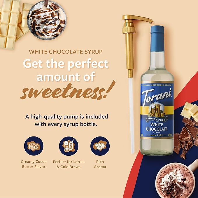 Torani Sugar Free Coffee Syrup, White Chocolate Flavored Syrup for Drinks, Zero Calorie, Glass Bottle 4-Pack, Pumps Included, 25.4 Fl Oz Ea