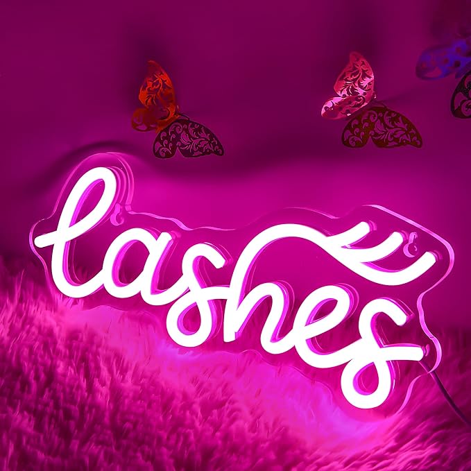 Lashes Neon Sign for Girls Lady Text Led Neon Light for Wall Decor Pink Led Lights for Bedroom Lashes Salon Beauty Room Eyelash Business Makeup Rooms Lash Studios Size 12.0 * 5.1in(XD076)
