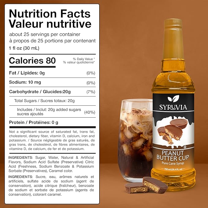 Syruvia Coffee Syrup, Peanut Butter Cup Flavored Syrup for Drinks, Lattes, and Desserts – 25.4 fl oz, With Pump