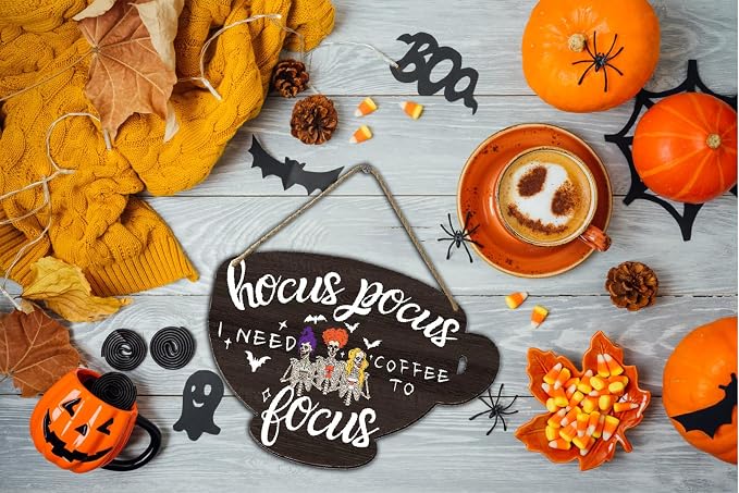 Hocus Pocus I Need Coffee to Focus Wood Sign Hanging Sign for Home Halloween Coffee Bar Coffee Station Cafe Office Coffee Station Decor Signs 4.8x6.78 Inch - Image 4
