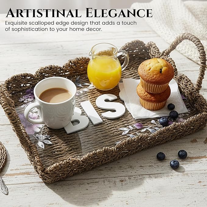 BISS Scalloped Rattan Serving Tray with Removable Floral Transparent Board – Natural Rattan Decorative Tray with Foldable Handles & Scalloped Edge – Wicker Woven Tray for Coffee Table, Dining