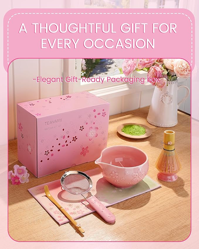 Matcha Whisk Set, 6pcs Matcha Kit Includes Matcha Bowl with Spout, Bamboo Whisk & Scoop with Cute Charm, Chasen Holder, Innovative Sifter, Tea Mat for Latte Making, Pink
