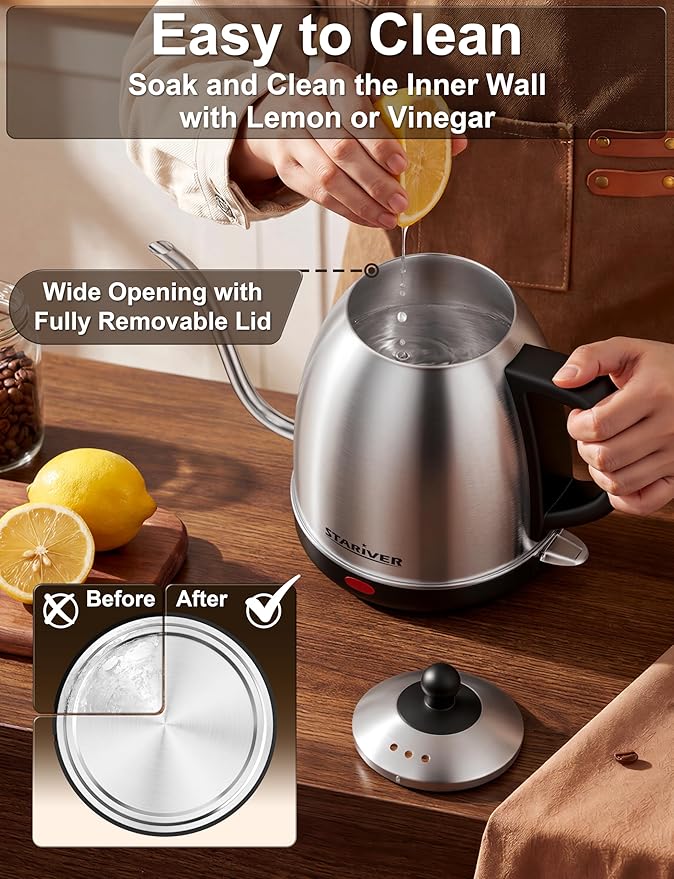 Stariver Electric Kettle Gooseneck Kettle, 1L Water Boiler, BPA-Free, Pour Over Tea Pot Stainless Steel for Coffee & Tea with Fast Heating, Auto-Shut Off and Boil-Dry Protection Tech