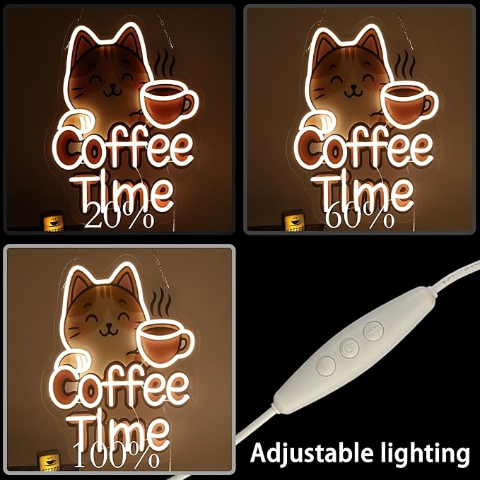 Coffee Neon Sign - "Coffee Time" Cute LED Light for Kitchen, Dining Room, Office - Fun and Cute Decoration for Your Place 13.9" X14.2"