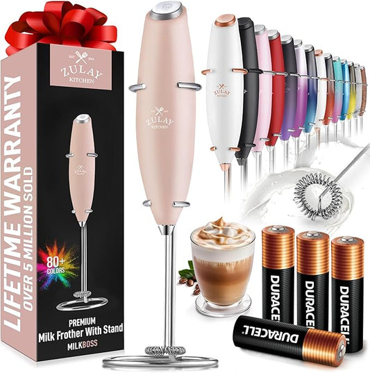 Zulay Kitchen Powerful Milk Frother Wand With 4 AA Duracell Batteries - Ultra Fast Handheld Drink Mixer - Electric Whisk Foam Maker for Coffee, Lattes, Cappuccino, Matcha & Creamer