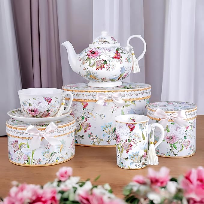STP GOODS Bone China Tea/Coffee Cup and Saucer in Gift Box Fine Bone Tea Cup and Saucer Set of One,(Dream Garden)