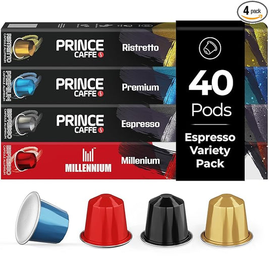 Prince Caffe Espresso Pods – 4 Flavor Variety Pack – Intensity 7-10 Medium to Dark Roast Coffee Capsules – Compatible with Nespresso, Pods for Original Line Machines – 4 x 10 Pack (40 Count)