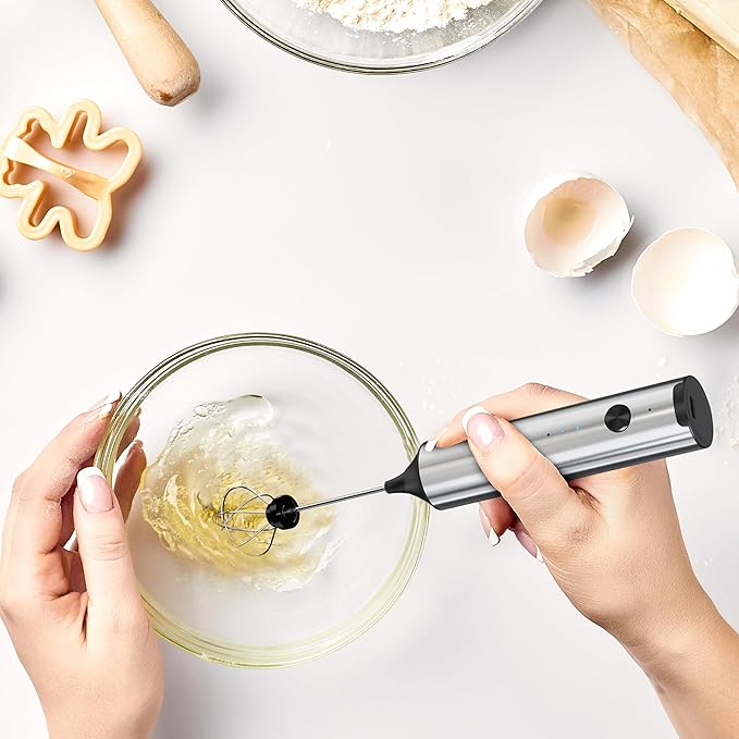 Handheld Milk Frother Wand Rechargeable - Double Whisk Milk Frother Handheld - 3 Speed Levels - Coffee Stirrers Electric (Upgraded - Stainless Steel without Stand)