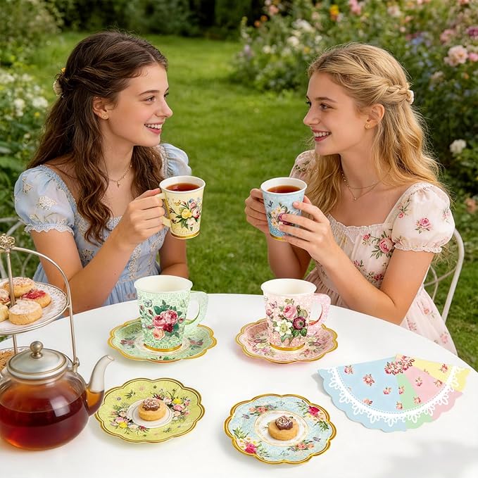 280PCS Spring Tea Party Decorations, Floral Paper Tea Cups & Saucer Set, Disposable Floral Cups With Handle Napkins Plates Knives Forks for Girls Kids Afternoon Tea Birthday, Wedding Party Supplies