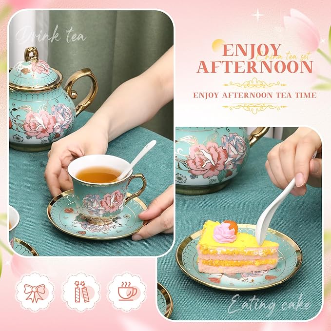 21 Pcs Ceramic Teapot Set Vintage Porcelain Tea Cups with Metal Holder and High Tier Cupcake Stand Saucers for Women Girls Farmhouse European Weddings Party Decor Gifts(Green,Summer)