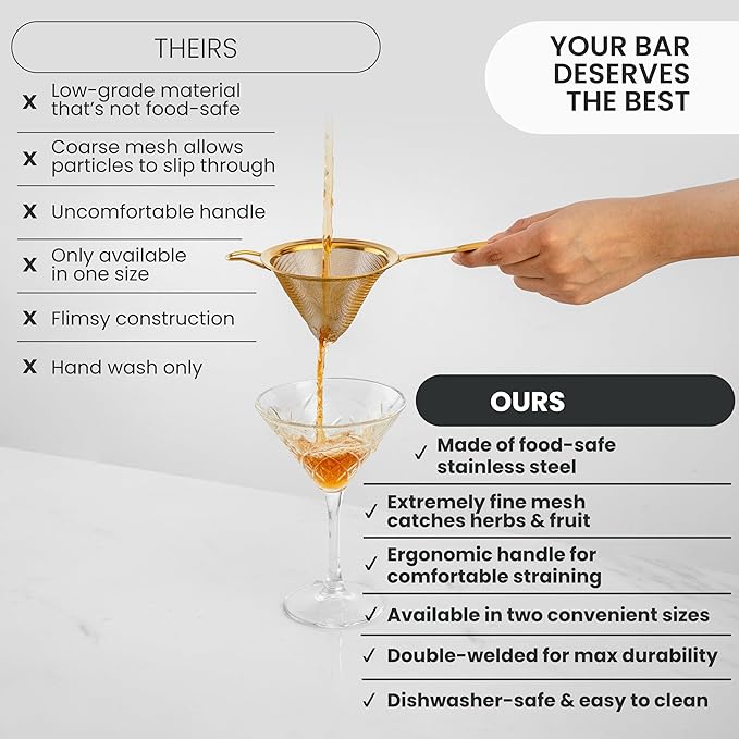 A Bar Above Black Fine Mesh Cocktail Strainer - Professional Double Straining Tool for Bartenders & Home Bar, 304 Stainless Steel Conical Sieve for Cocktails, Tea, Coffee & Kitchen Use