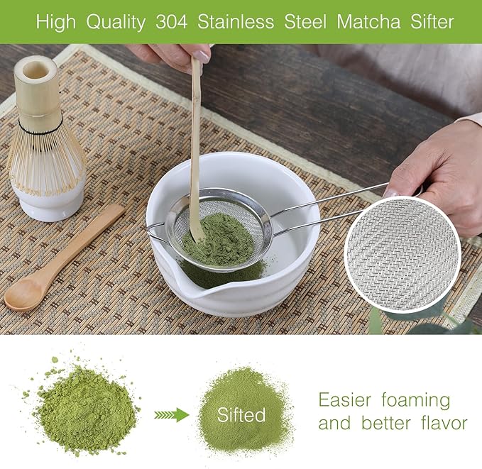 Matcha Whisk Set, 6 Pcs Matcha Set with Bamboo Matcha Scoop and Stainless Steel Sifter /Pouring Spout Ceramic Bowl/Matcha spoon/Matcha Whisk Holder, -19 oz Japanese Tea Ceremony Kit for Gifts (White)