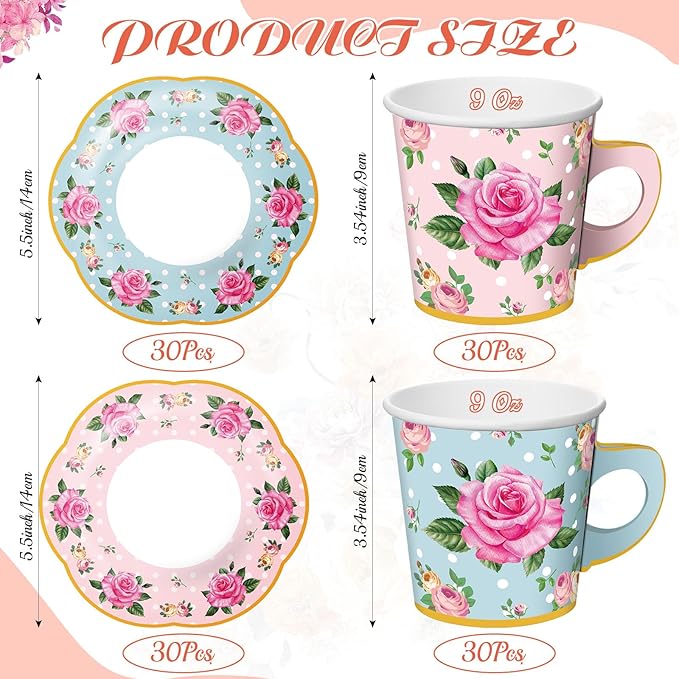 Umigy 60 Sets Tea Party Decorations 9 oz Floral Paper Tea Cups with Handle and Plates Disposable Blossom Teacups and Saucers Sets for Girls Kids Birthday Garden Wedding Party Supplies(Pink, Blue)