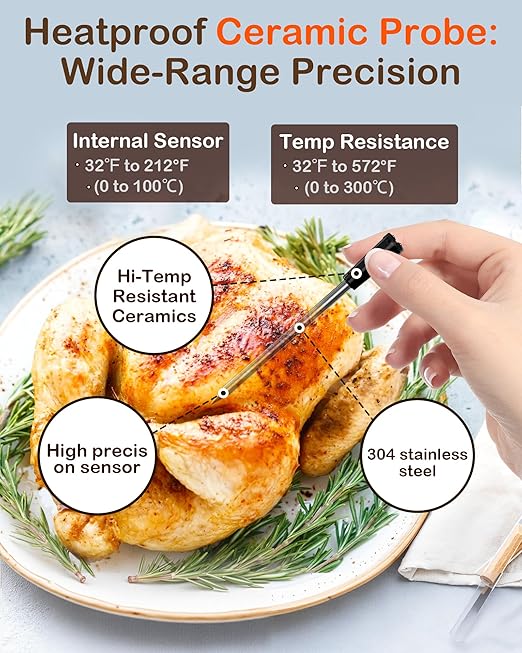 Bluetooth Wireless Meat Thermometer for Oven: Smart 572℉ Oven-Safe Probe with 900ft Remote Range for Juicy Meat - Easy Setup App Auto Alerts Dishwasher Safe for Grilling Cooking Smoking