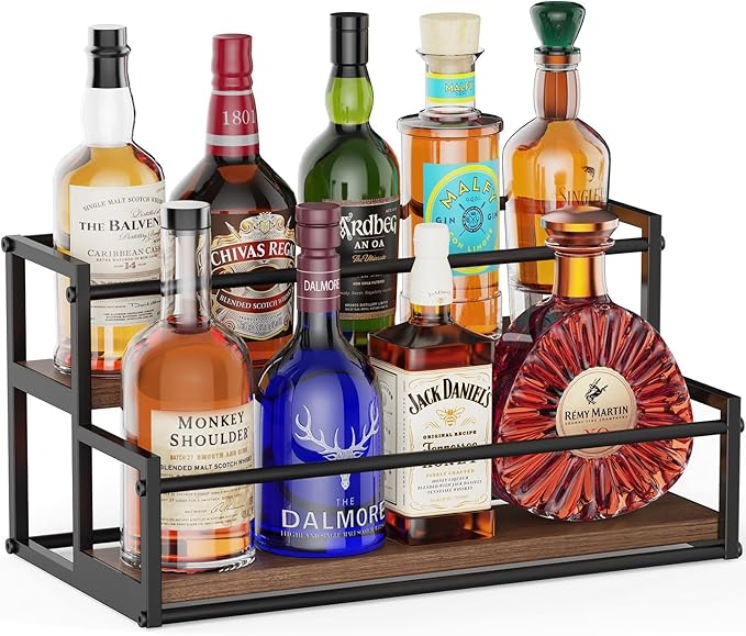 THYGIFTREE Liquor Bottle Display Shelf, 2 Tier Bar Shelf Stand for Liquor & Whiskey, Countertop Liquor Rack Organizer with Metal Frame & Wood Base for Home Bar Kitchen by THYGIFTREE