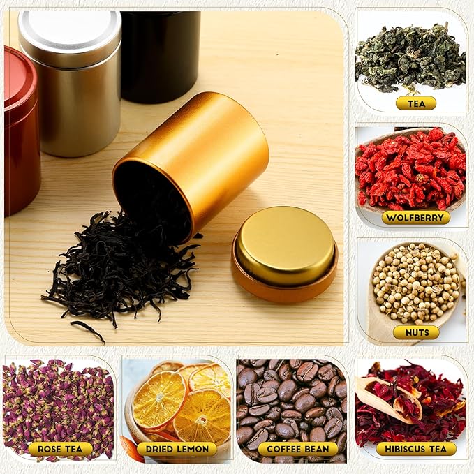 48 Pcs Mini Tea Tin Canister 1.8 × 2.6" with Round Airtight Double Lid Small Kitchen Tea Canister Container for Travel Business Leaf Coffee Candy Spices Herbs (Dark Red,Black,Silver,Gold)