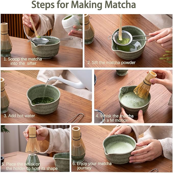 Matcha Set, Matcha Bowl with Spout, Matcha Whisk and Holder, Bamboo matcha Scoop and Stainless Sifter - 5 Pcs Jade Green Matcha Set Kit for Matcha Lover