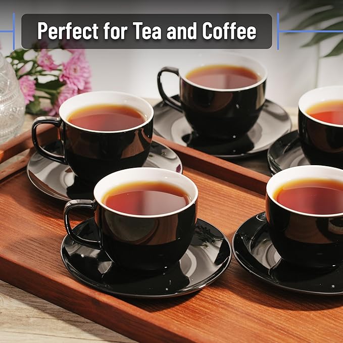 BTaT- Cappuccino Cups with Saucers 8 oz, Set of 12, Black Porcelain Coffee Cup and Saucer Set for Latte, Mocha, Tea, Au Lait, Flat White, Dishwasher, Microwave, Freezer and Oven Safe