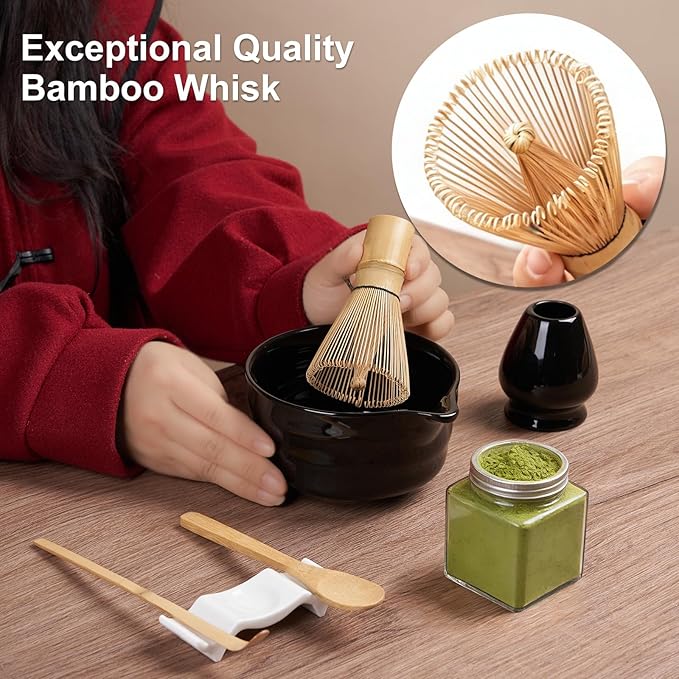 YOLIFE 7 Pcs Matcha Whisk Set, Includes Matcha Bowl with Spout, Bamboo Whisk (Chasen) with Ceramic Holder, Scoop and Powder Spoon, Sifter, Matcha Kit for Ceremony (Black)