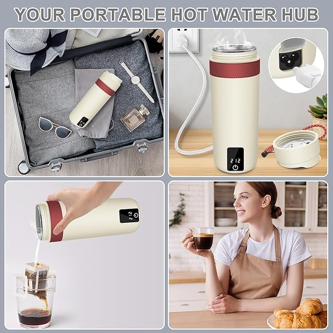 Portable Electric Kettle, 450ML Mini Hot Water Boiler Heater, Travel Kettle with 4 Temperature Settings, 304 Stainless Steel Portable Bottle Warmer with Auto Shut-Off & Boil-Dry Protection