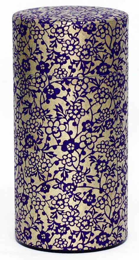 Washi Paper Tea Tin Canister: Long 7oz (200g) Purple and gold Flower & Ivy (#80), Japan
