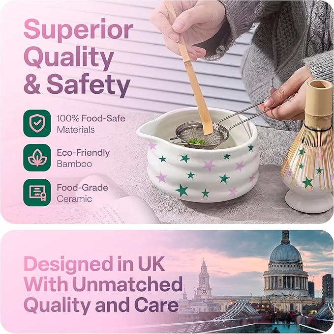 Matcha Whisk Set with Stars - 6 Piece Ceramic Matcha Set with a Bowl, Whisk, Stand, Spoon and Sifter - Designed in the UK - Gift Set