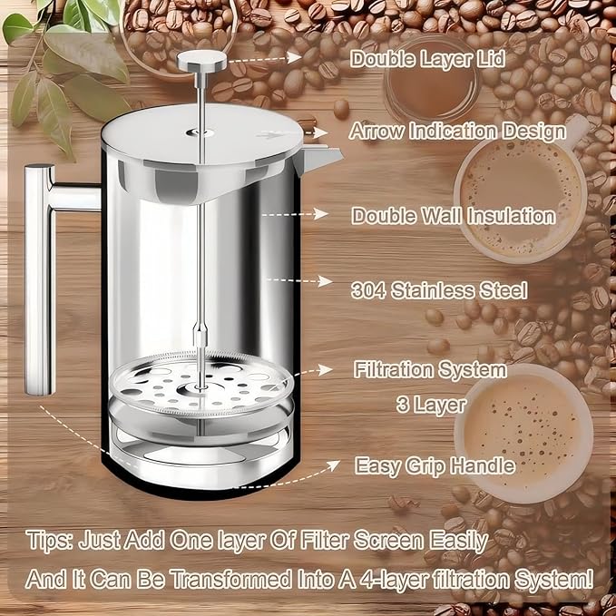 Premium Stainless Steel French Press Coffee Maker (5 Pack Filter)- 34oz/1L Thermal Insulated, 304 Rust-Proof Metal Press - Heat-Resistant Ergonomic Handle BPA Free(Dishwasher Safe)