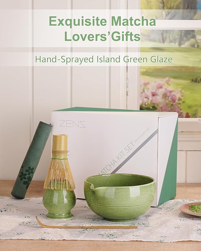 ZENS Matcha Whisk Set, 5pcs Matcha Kit Set Includes Emerald Green Bowl, Handcrafted Bamboo Whisk and Chasen Holder, Scoop & Tea Mat, Matcha Tea Ceremony Gift for Matcha Lovers