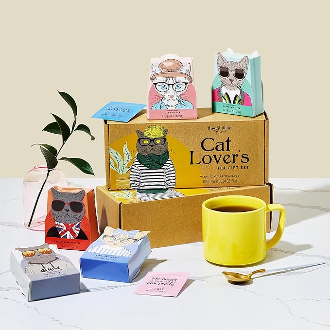 Thoughtfully Gourmet Cat Lover's Tea Gift Set: Includes 24 Teas in 6 Flavors with Stylish Cat Art and Fun Quotes for Cat Moms and Dads, Set of 24