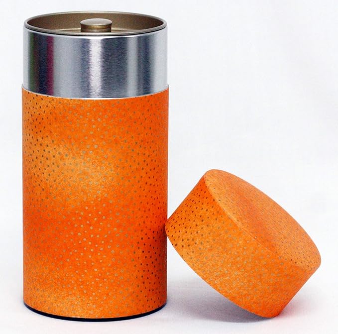 Washi Paper Tea Tin Canister: Long 7oz (200g) Dotted Orange (#5), Japan