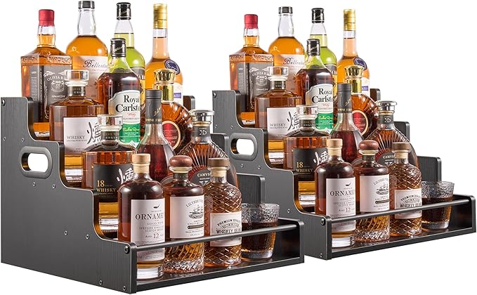 YQBRAO 2 Pack 4-Tier Liquor Bottle Display Shelf, 16-Inch Wooden Bar Shelves for Liquor Bottles, Countertop Whiskey Shelf and Bourbon Shelf Organizer for Home Bar, Kitchen（Black）