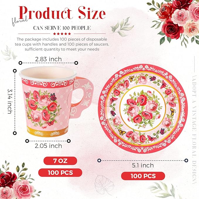 Nuogo 200 Pcs Floral Paper Tea Cups and Saucers 7 oz Disposable Tea Party Decorations Vintage Cute Paper Cups and Plates with Handles for Girls Wedding Baby Bridal Shower, Serve 100(Red)