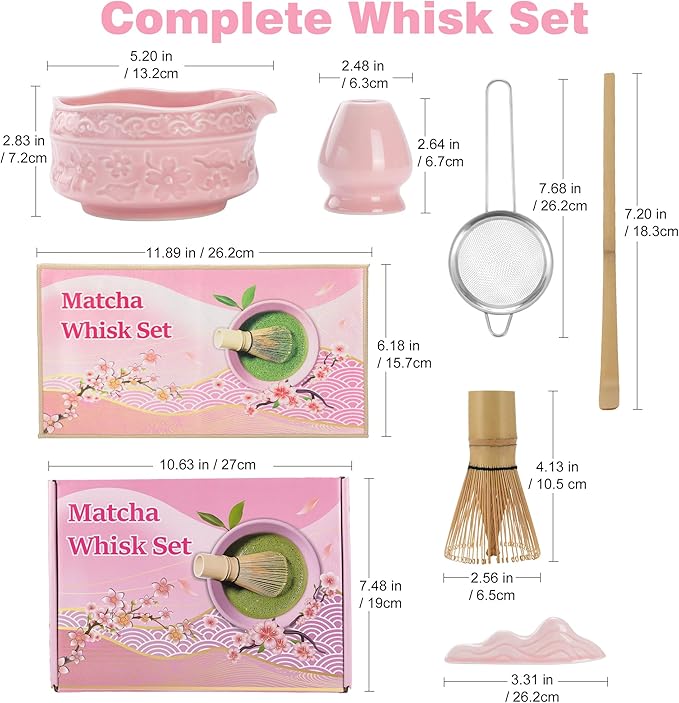 Matcha Whisk Set,7 Pcs Matcha Kit Set with Bowl & Holder, Bamboo Whisk (Chasen), Scoop, Spoon and Sifter and Tea Towel,Matcha Kit Covers Everything Needed for Making Matcha (Pink)