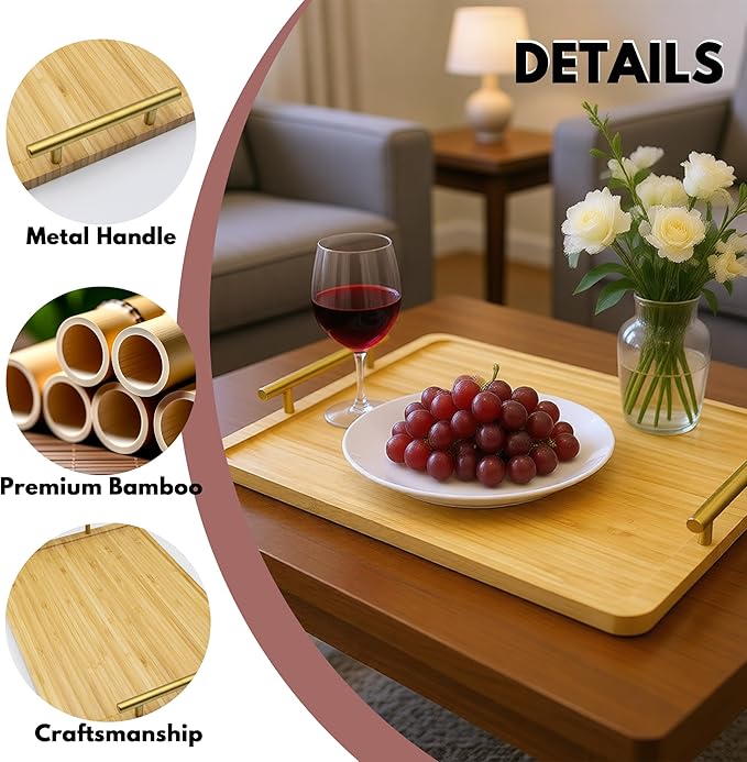 2 Pack Bamboo Serving Tray with Metal Handles, 15.8×11.4“ Solid Wooden Tray for Food, Rectangular Decorative Tray for Ottoman, Coffee Table, Living Room, Bathroom, Party