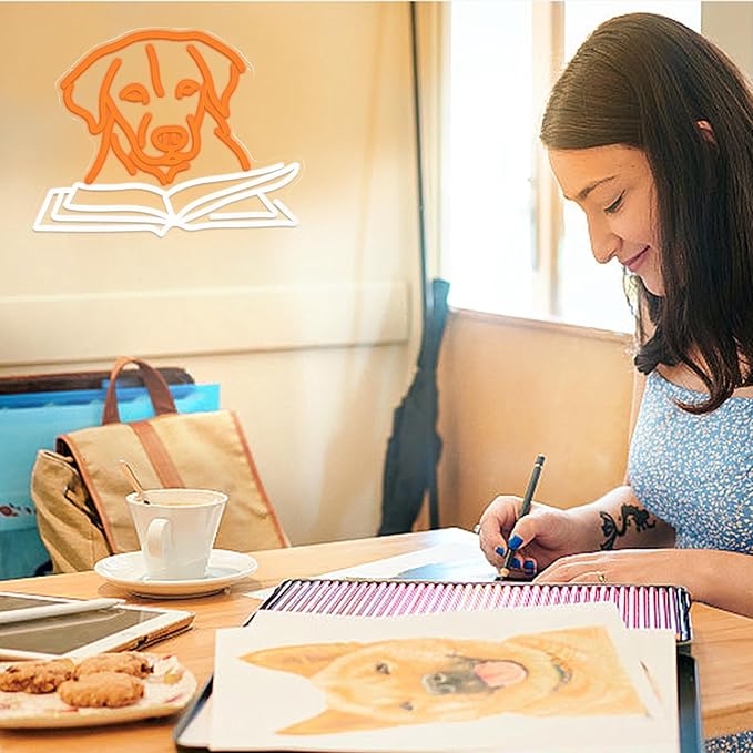 Golden Retriever Reading Book Neon Sign for Wall Decor Usb Powered Labrador Dog Light Up Sign Unique Dimmable Read Books Led Sign for Bookstore Study Room Cafe Pet Shop (16.14 * 12.6 in)