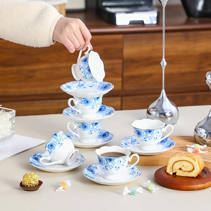 Porcelain Demitasse Espresso Cup and Saucer Set of 6 (12-Piece) - 2.5oz Cups with Classic Blue Floral Pattern, Dishwasher & Microwave Safe