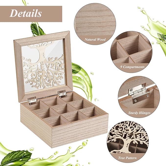 handrong Tea Box Organizer,Wood Teas Bag Holder,Tea Organizers and Storage,Teas Organizer with Tree Pattern for Home Kitchen Office