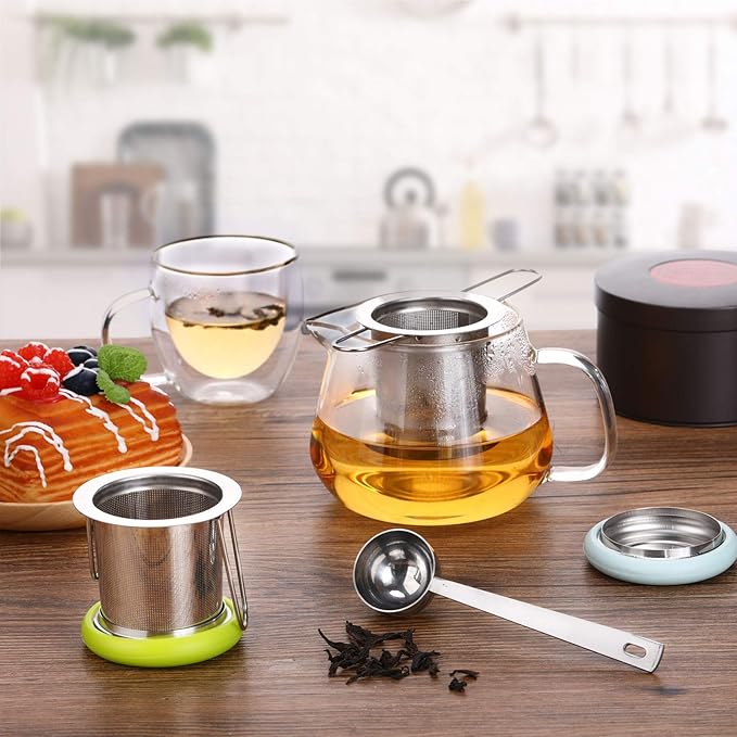 2 Pieces Tea Infusers Stainless Steel Strainer Folding Handle Filter Extra Filter Fine Mesh Strainer Brewing Basket with Lid for Loose Leaf Tea