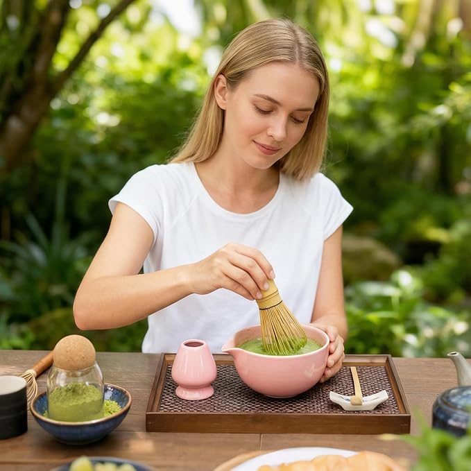 Matcha Whisk Set 5 Pcs, Matcha Kit Set Includes Matcha Bowl, Matcha Whisk and Holder, Bamboo Scoop and Sifter, Ceramic Matcha Set, Matcha Tea Set, Ideal Gift for Family/Friend (Pink)
