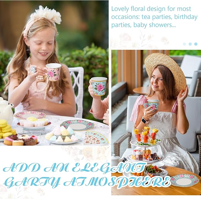 Umigy 60 Sets Tea Party Decorations 6.5 oz Floral Paper Tea Cups with Plates Paper Napkins Disposable Blossom Teacups and Saucers Sets for Girls Kid Birthday Garden Wedding Party Supplies(Elegant)