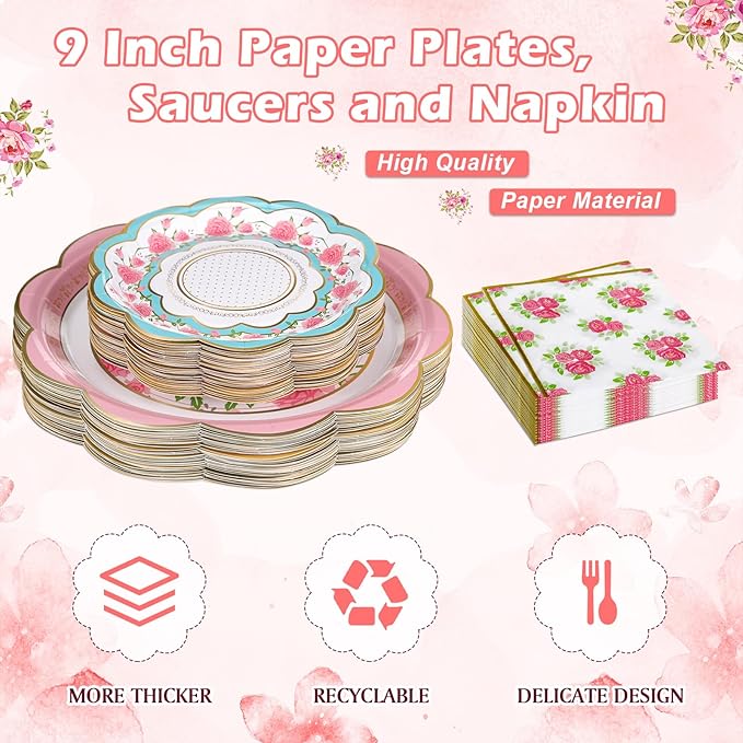 24 Sets Floral Paper Tea Cups and Saucers Disposable Tea Party Decorations 9 Inch Paper Plate, Saucer, Napkin, 9 oz Cups with Handle for Party Supplies (Floral)
