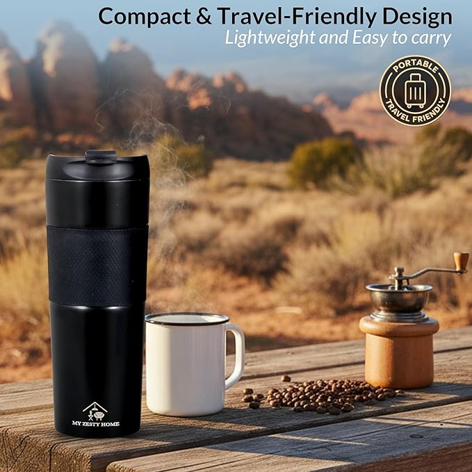 Travel French Press Black15oz Stainless Steel Double-Walled Vacuum Insulated Travel Coffee Mug with Leak-Proof Locking Lid, Keeps Coffee Hot 4 Hrs Portable for Camping, Office, Car, Premium Gift